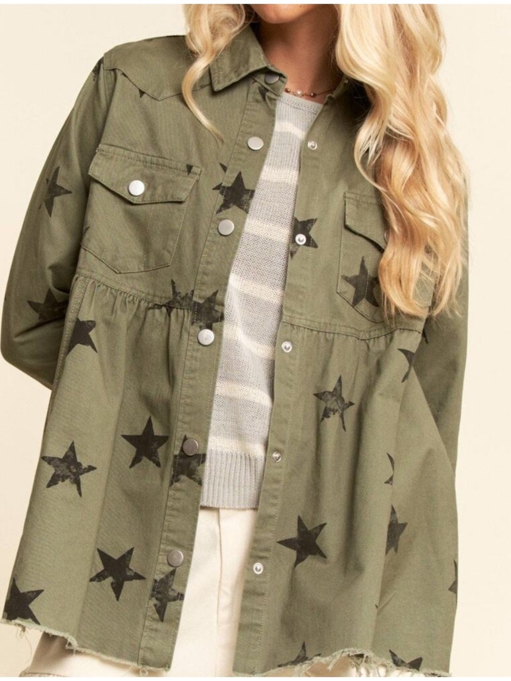 Star Print Baby Doll Front Snap Utility Jacket Shacket Vintage Olive Green
